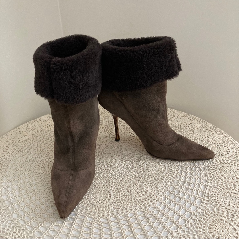 Jimmy Choo Slip on Suede Leather Pointed Toe Brown Heeled Booties